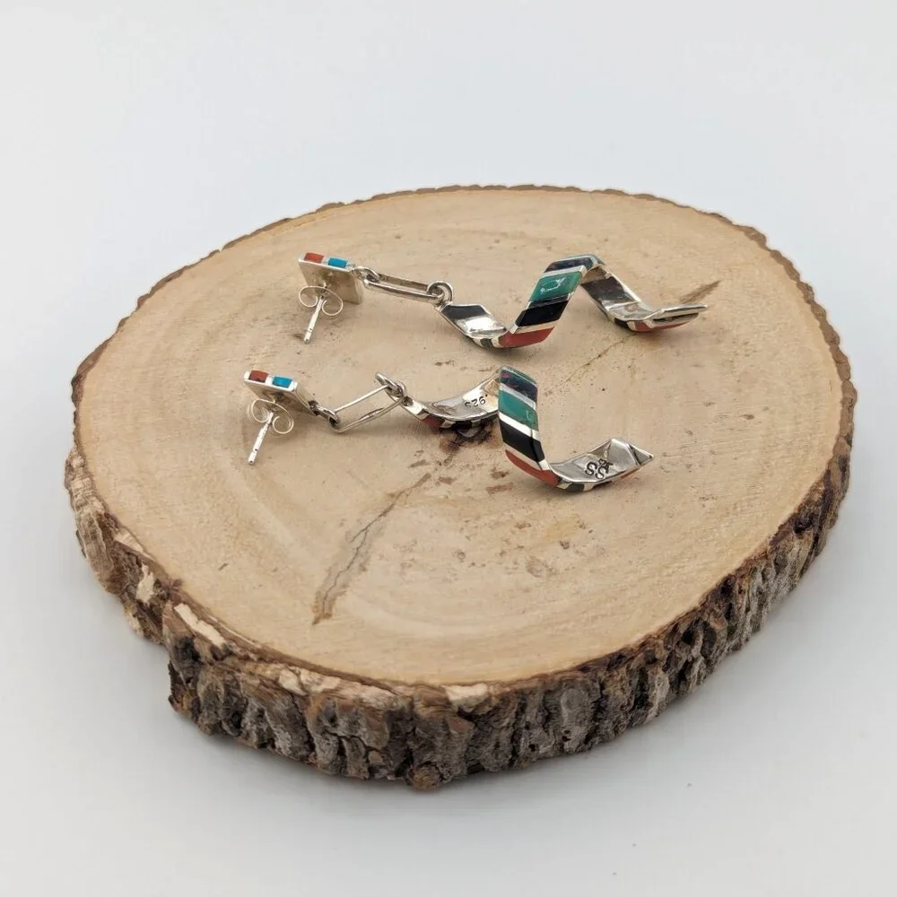Authentic Zuni‎ Spiral Multi Stones Inlay Dangle Earrings Handmade NA Jewelry**